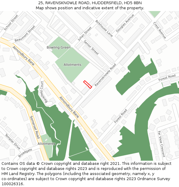 25, RAVENSKNOWLE ROAD, HUDDERSFIELD, HD5 8BN: Location map and indicative extent of plot
