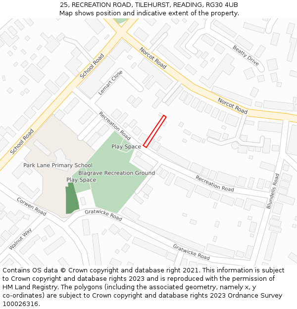 25, RECREATION ROAD, TILEHURST, READING, RG30 4UB: Location map and indicative extent of plot