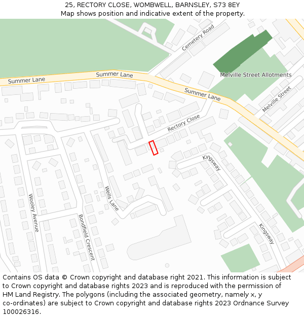 25, RECTORY CLOSE, WOMBWELL, BARNSLEY, S73 8EY: Location map and indicative extent of plot
