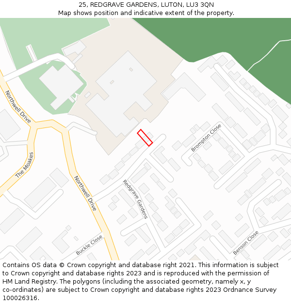 25, REDGRAVE GARDENS, LUTON, LU3 3QN: Location map and indicative extent of plot