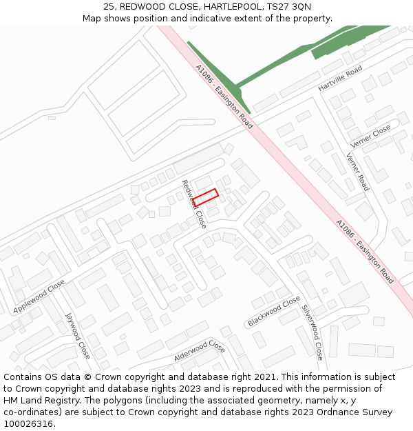 25, REDWOOD CLOSE, HARTLEPOOL, TS27 3QN: Location map and indicative extent of plot