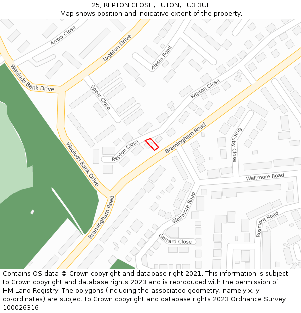 25, REPTON CLOSE, LUTON, LU3 3UL: Location map and indicative extent of plot