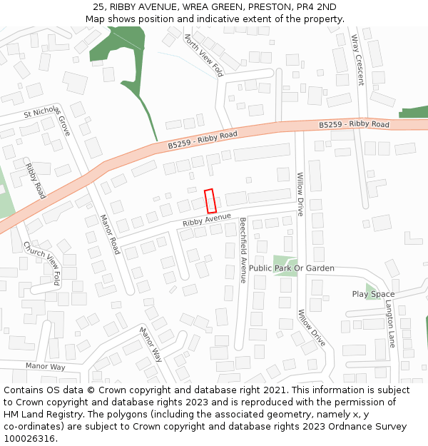 25, RIBBY AVENUE, WREA GREEN, PRESTON, PR4 2ND: Location map and indicative extent of plot