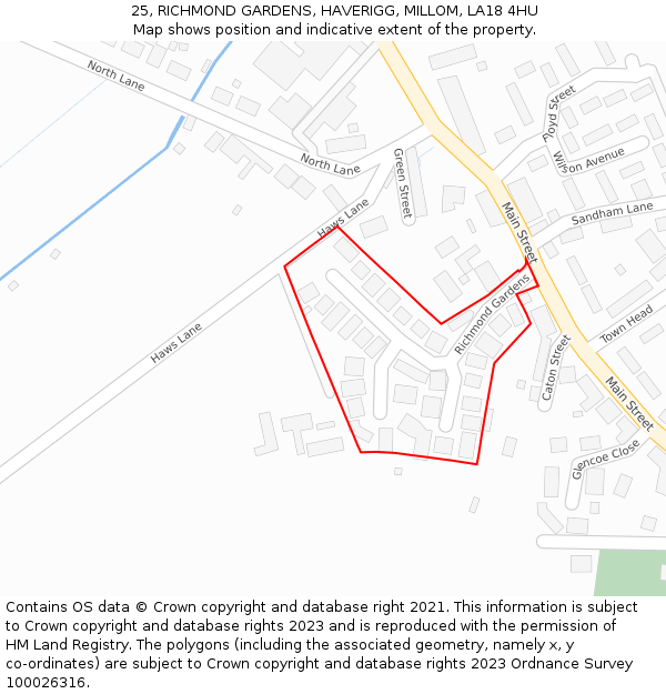 25, RICHMOND GARDENS, HAVERIGG, MILLOM, LA18 4HU: Location map and indicative extent of plot