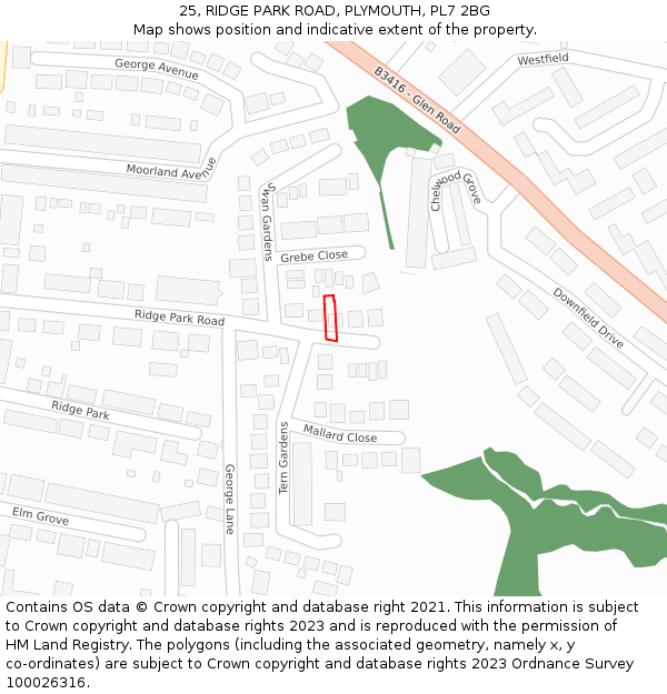 25, RIDGE PARK ROAD, PLYMOUTH, PL7 2BG: Location map and indicative extent of plot