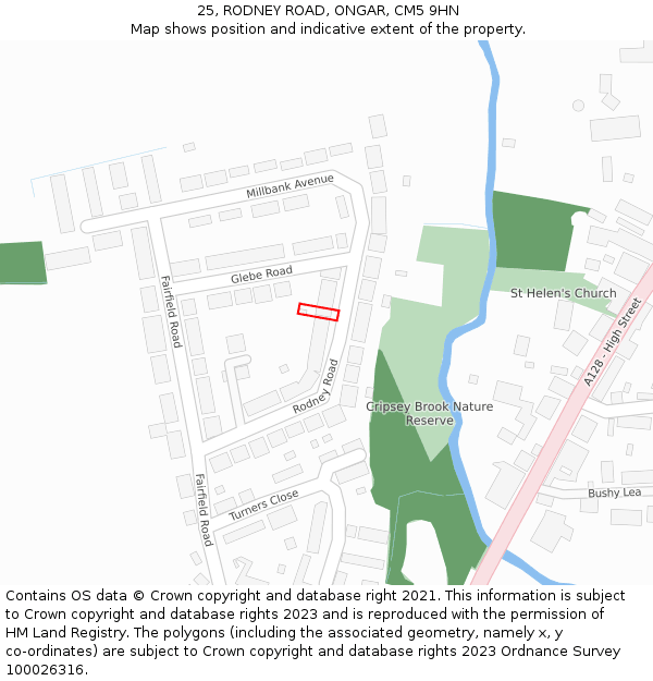 25, RODNEY ROAD, ONGAR, CM5 9HN: Location map and indicative extent of plot