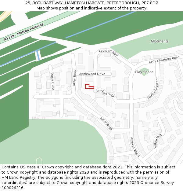 25, ROTHBART WAY, HAMPTON HARGATE, PETERBOROUGH, PE7 8DZ: Location map and indicative extent of plot