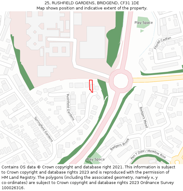 25, RUSHFIELD GARDENS, BRIDGEND, CF31 1DE: Location map and indicative extent of plot