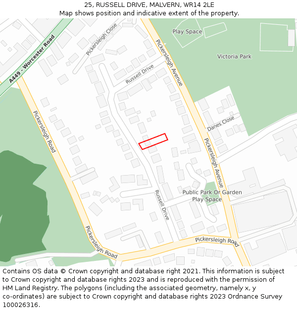 25, RUSSELL DRIVE, MALVERN, WR14 2LE: Location map and indicative extent of plot