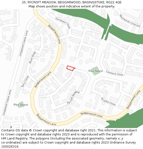 25, RYCROFT MEADOW, BEGGARWOOD, BASINGSTOKE, RG22 4QE: Location map and indicative extent of plot