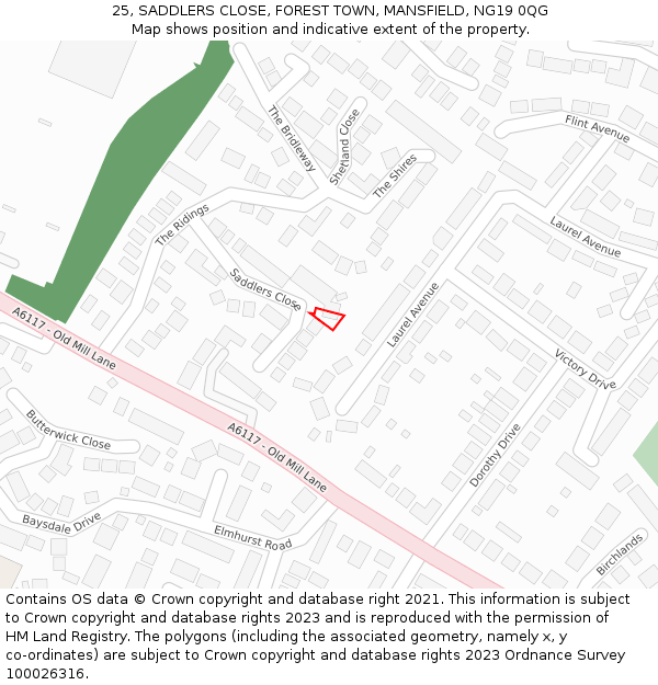 25, SADDLERS CLOSE, FOREST TOWN, MANSFIELD, NG19 0QG: Location map and indicative extent of plot