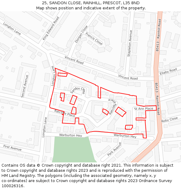 25, SANDON CLOSE, RAINHILL, PRESCOT, L35 8ND: Location map and indicative extent of plot