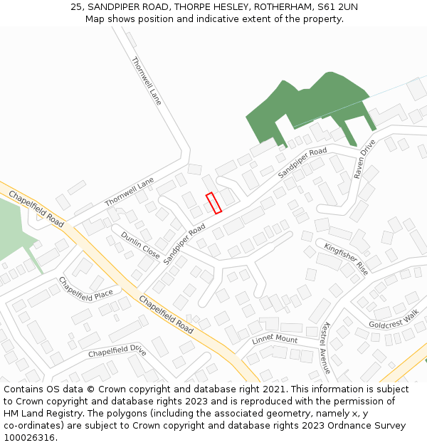 25, SANDPIPER ROAD, THORPE HESLEY, ROTHERHAM, S61 2UN: Location map and indicative extent of plot