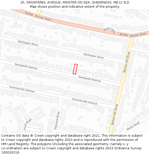 25, SANSPAREIL AVENUE, MINSTER ON SEA, SHEERNESS, ME12 3LD: Location map and indicative extent of plot
