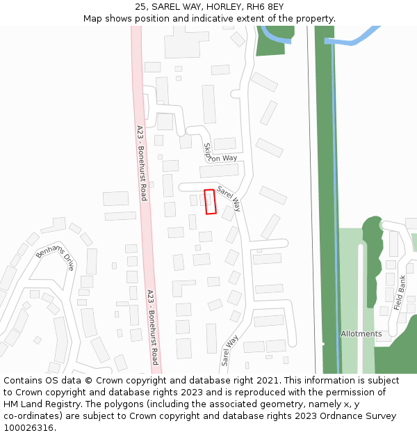 25, SAREL WAY, HORLEY, RH6 8EY: Location map and indicative extent of plot