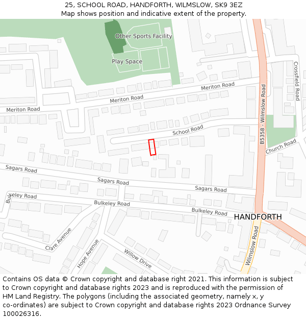 25, SCHOOL ROAD, HANDFORTH, WILMSLOW, SK9 3EZ: Location map and indicative extent of plot