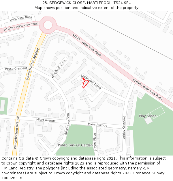 25, SEDGEWICK CLOSE, HARTLEPOOL, TS24 9EU: Location map and indicative extent of plot