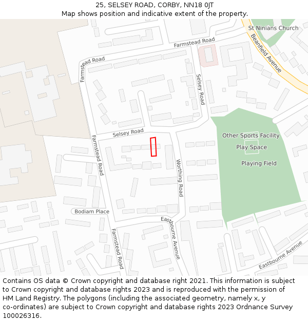 25, SELSEY ROAD, CORBY, NN18 0JT: Location map and indicative extent of plot