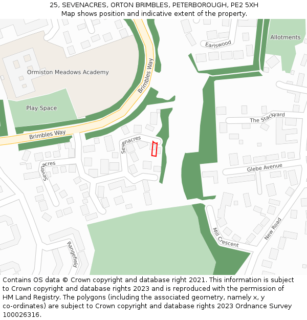 25, SEVENACRES, ORTON BRIMBLES, PETERBOROUGH, PE2 5XH: Location map and indicative extent of plot