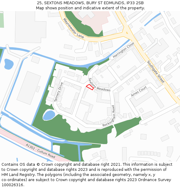 25, SEXTONS MEADOWS, BURY ST EDMUNDS, IP33 2SB: Location map and indicative extent of plot