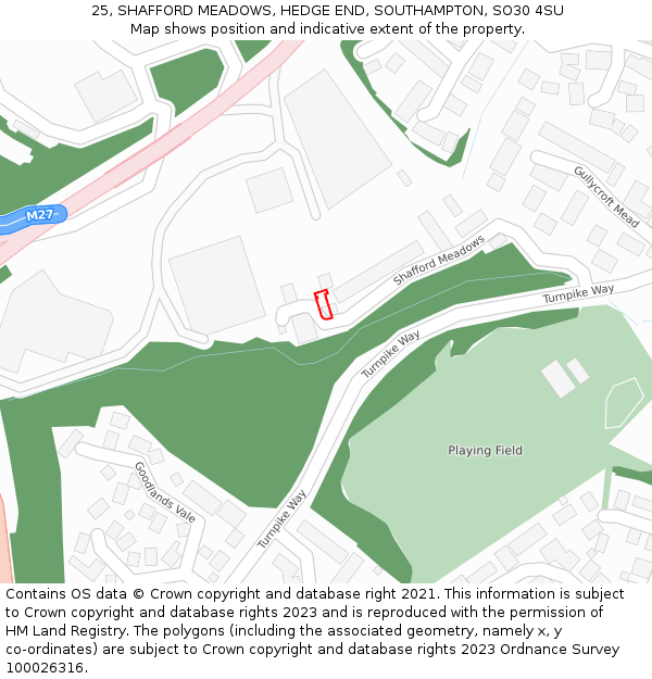 25, SHAFFORD MEADOWS, HEDGE END, SOUTHAMPTON, SO30 4SU: Location map and indicative extent of plot