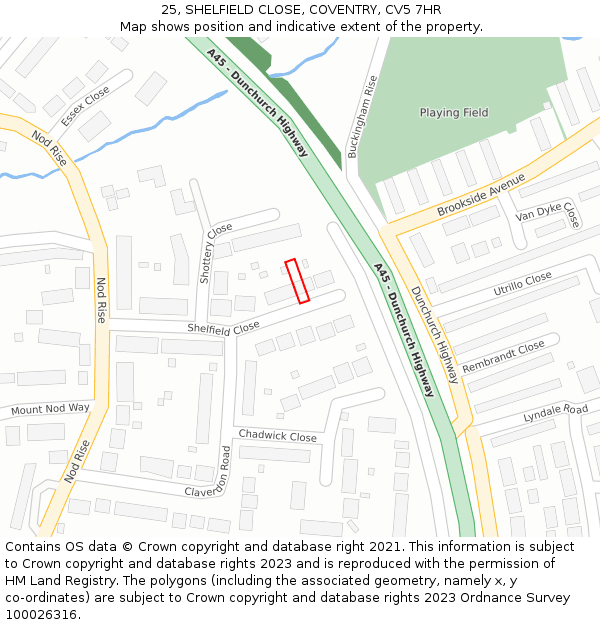25, SHELFIELD CLOSE, COVENTRY, CV5 7HR: Location map and indicative extent of plot