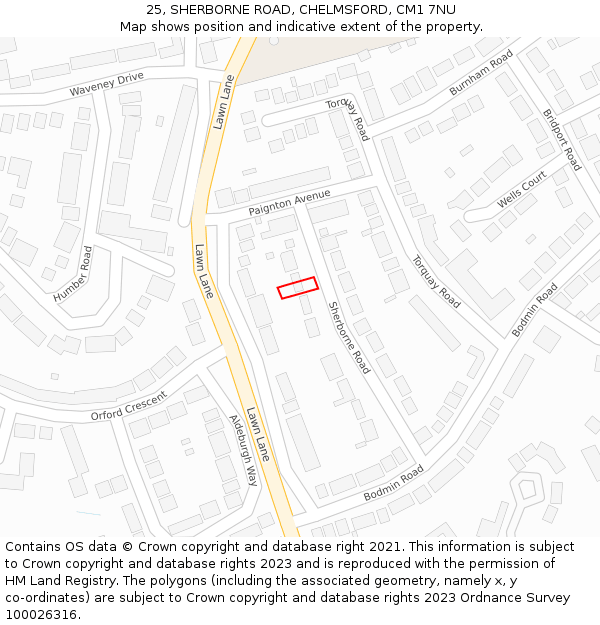 25, SHERBORNE ROAD, CHELMSFORD, CM1 7NU: Location map and indicative extent of plot