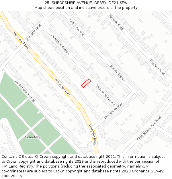 25, SHROPSHIRE AVENUE, DERBY, DE21 6EW: Location map and indicative extent of plot