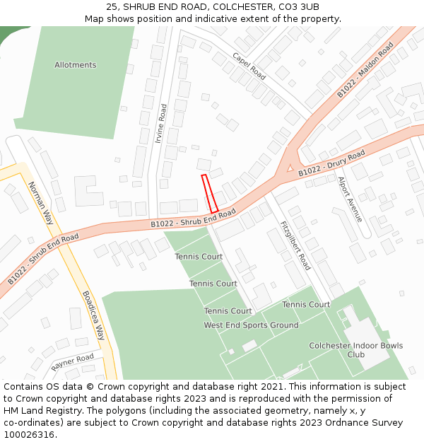 25, SHRUB END ROAD, COLCHESTER, CO3 3UB: Location map and indicative extent of plot