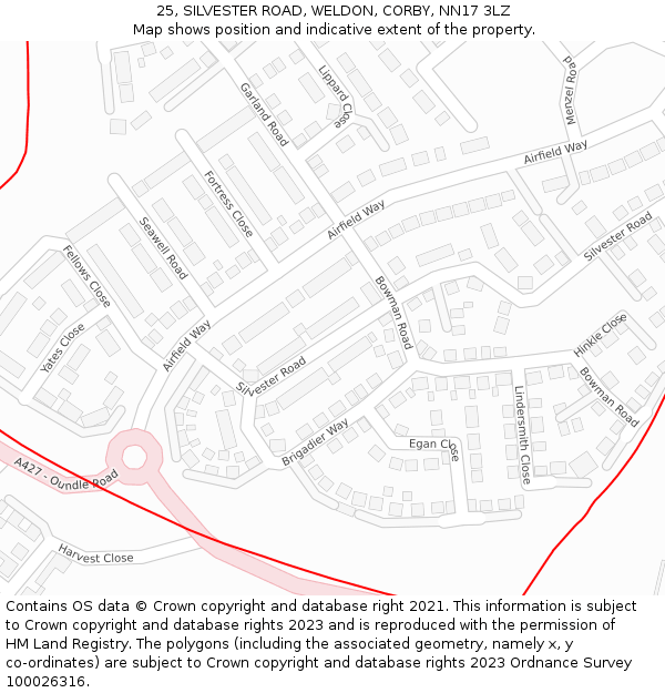 25, SILVESTER ROAD, WELDON, CORBY, NN17 3LZ: Location map and indicative extent of plot