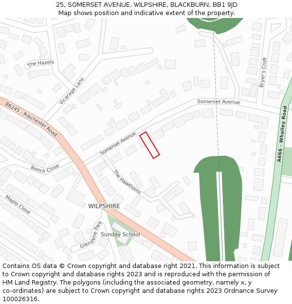 25, SOMERSET AVENUE, WILPSHIRE, BLACKBURN, BB1 9JD: Location map and indicative extent of plot