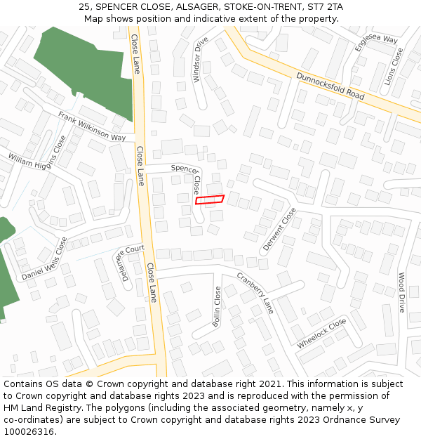 25, SPENCER CLOSE, ALSAGER, STOKE-ON-TRENT, ST7 2TA: Location map and indicative extent of plot