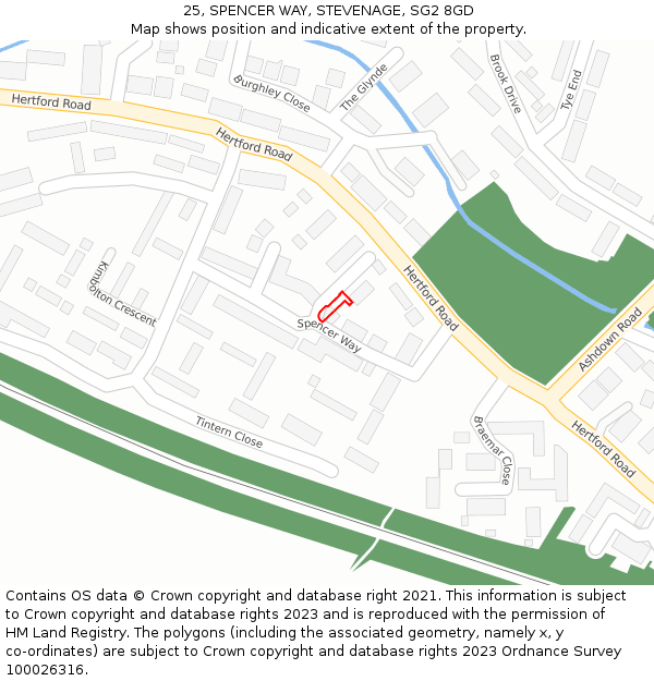 25, SPENCER WAY, STEVENAGE, SG2 8GD: Location map and indicative extent of plot