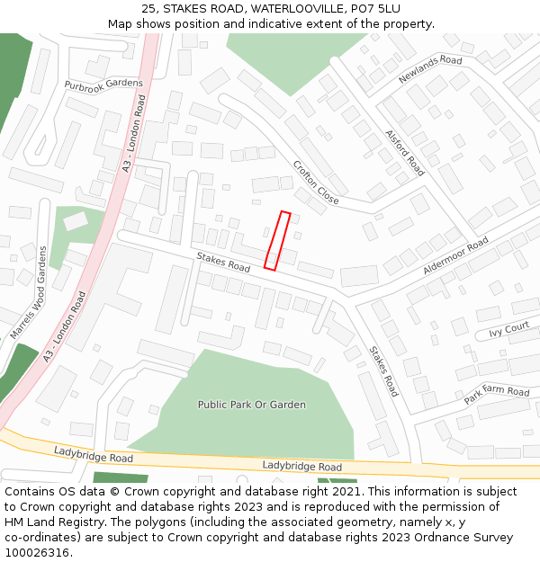 25, STAKES ROAD, WATERLOOVILLE, PO7 5LU: Location map and indicative extent of plot