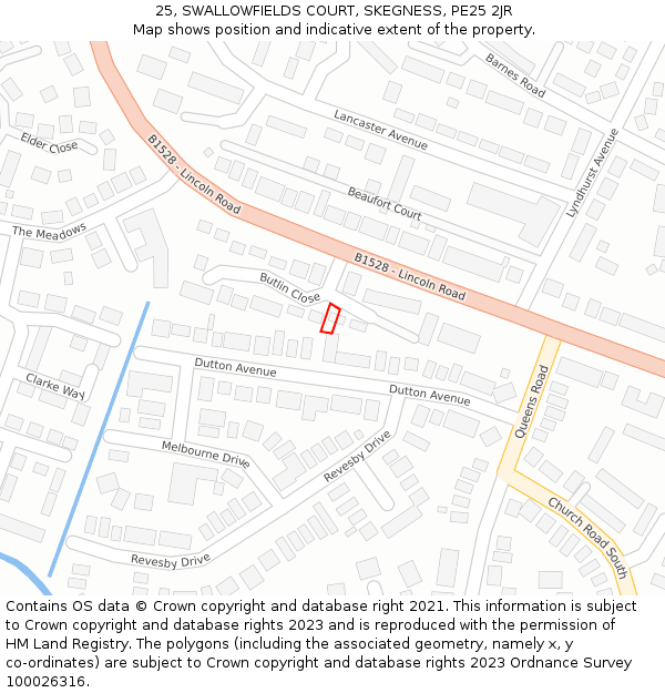 25, SWALLOWFIELDS COURT, SKEGNESS, PE25 2JR: Location map and indicative extent of plot