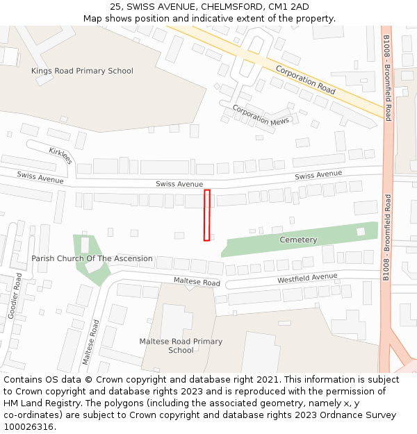 25, SWISS AVENUE, CHELMSFORD, CM1 2AD: Location map and indicative extent of plot