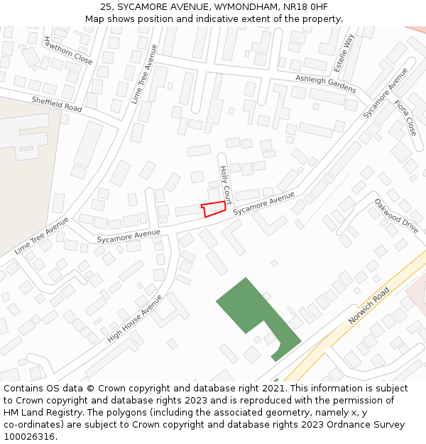 25, SYCAMORE AVENUE, WYMONDHAM, NR18 0HF: Location map and indicative extent of plot