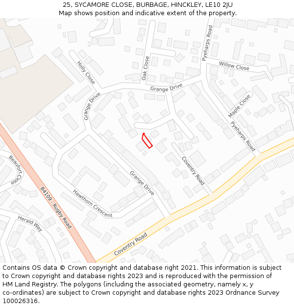 25, SYCAMORE CLOSE, BURBAGE, HINCKLEY, LE10 2JU: Location map and indicative extent of plot