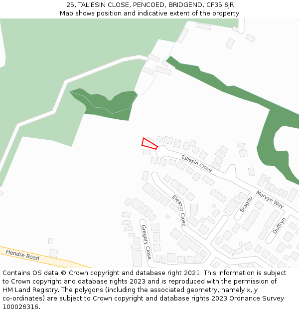 25, TALIESIN CLOSE, PENCOED, BRIDGEND, CF35 6JR: Location map and indicative extent of plot