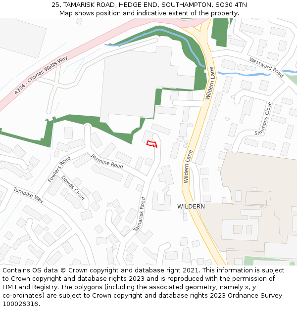 25, TAMARISK ROAD, HEDGE END, SOUTHAMPTON, SO30 4TN: Location map and indicative extent of plot