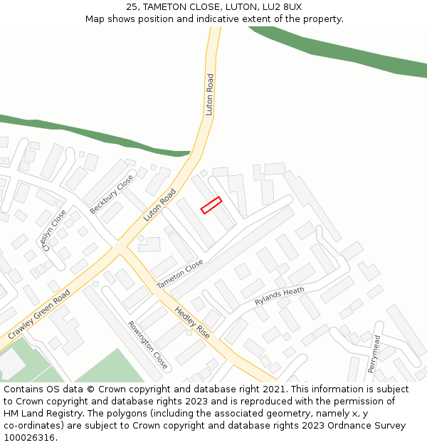 25, TAMETON CLOSE, LUTON, LU2 8UX: Location map and indicative extent of plot