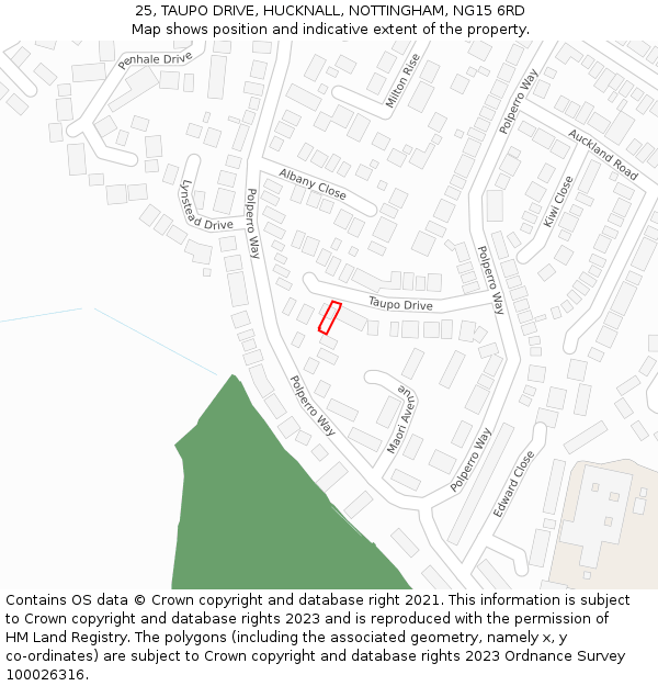 25, TAUPO DRIVE, HUCKNALL, NOTTINGHAM, NG15 6RD: Location map and indicative extent of plot