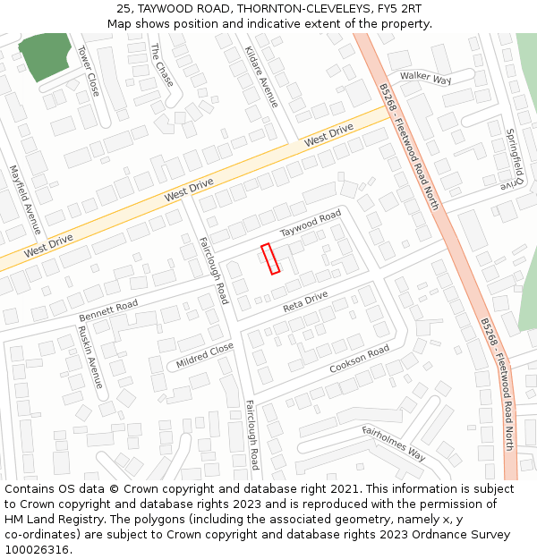 25, TAYWOOD ROAD, THORNTON-CLEVELEYS, FY5 2RT: Location map and indicative extent of plot