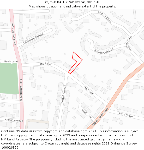 25, THE BAULK, WORKSOP, S81 0HU: Location map and indicative extent of plot