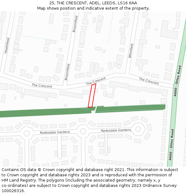 25, THE CRESCENT, ADEL, LEEDS, LS16 6AA: Location map and indicative extent of plot
