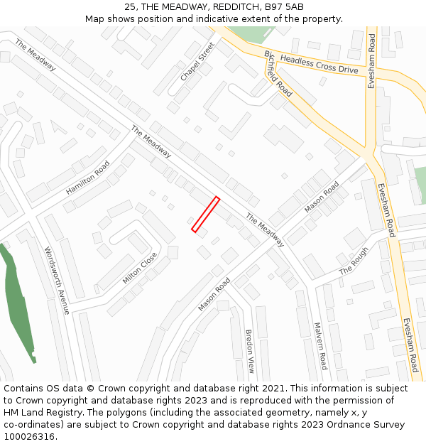 25, THE MEADWAY, REDDITCH, B97 5AB: Location map and indicative extent of plot