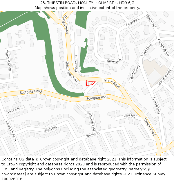25, THIRSTIN ROAD, HONLEY, HOLMFIRTH, HD9 6JG: Location map and indicative extent of plot