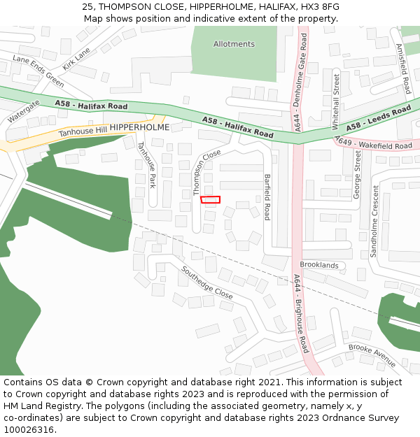 25, THOMPSON CLOSE, HIPPERHOLME, HALIFAX, HX3 8FG: Location map and indicative extent of plot