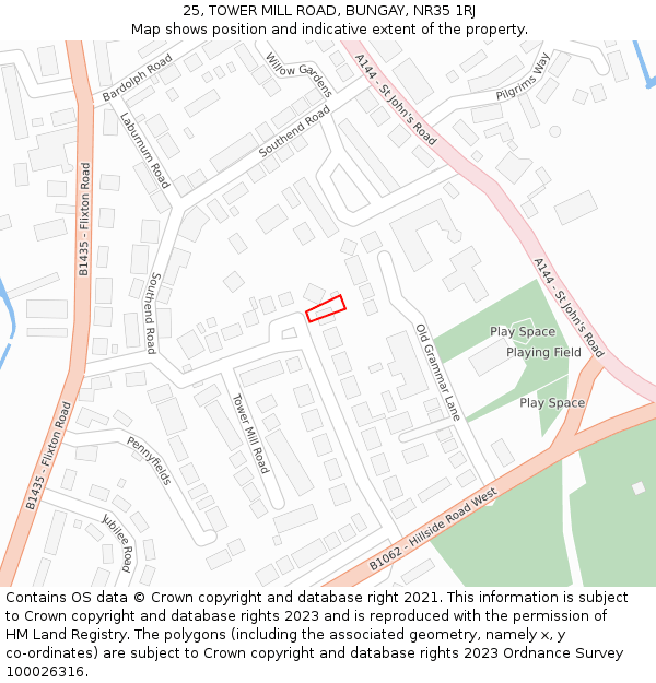 25, TOWER MILL ROAD, BUNGAY, NR35 1RJ: Location map and indicative extent of plot