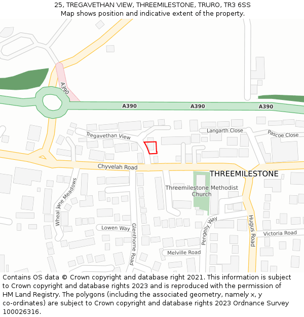 25, TREGAVETHAN VIEW, THREEMILESTONE, TRURO, TR3 6SS: Location map and indicative extent of plot